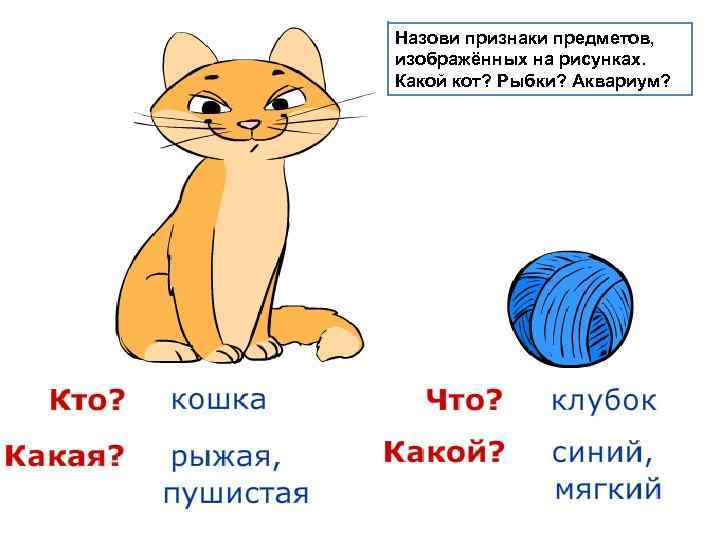 Назови признаки предметов, изображённых на рисунках. Какой кот? Рыбки? Аквариум? 