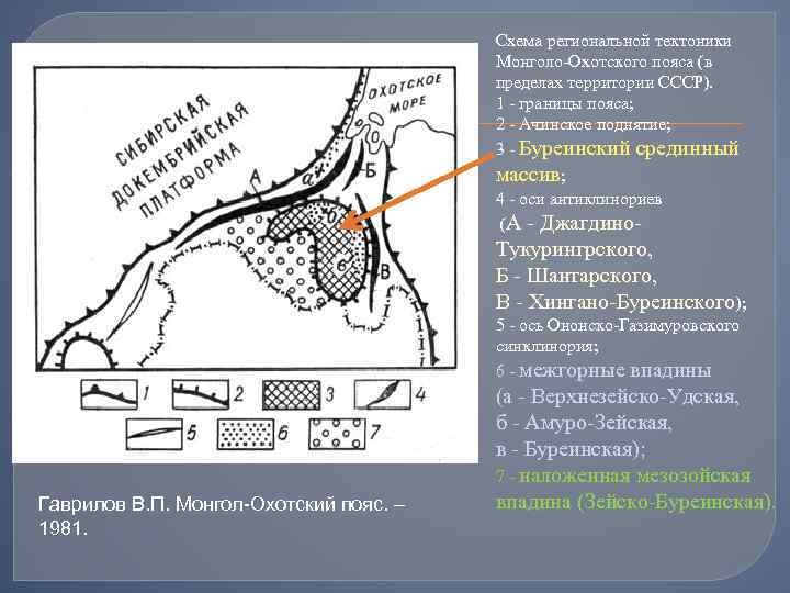 Схема региональной тектоники Монголо-Охотского пояса (в пределах территории СССР). 1 - границы пояса; 2