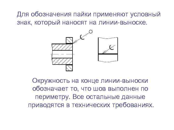 Для обозначения пайки применяют условный знак, который наносят на линии-выноске. Окружность на конце линии-выноски