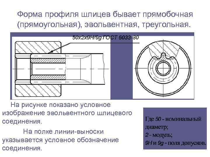 Форма профиля шлицев бывает прямобочная (прямоугольная), эвольвентная, треугольная. На рисунке показано условное изображение эвольвентного