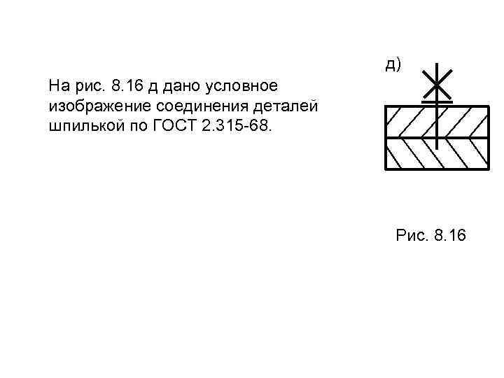 д) На рис. 8. 16 д дано условное изображение соединения деталей шпилькой по ГОСТ