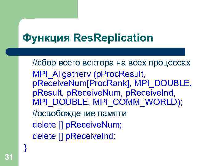 Функция Res. Replication //сбор всего вектора на всех процессах MPI_Allgatherv (p. Proc. Result, p.