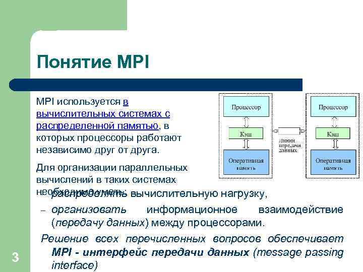 Понятие MPI используется в вычислительных системах с распределенной памятью, в которых процессоры работают независимо
