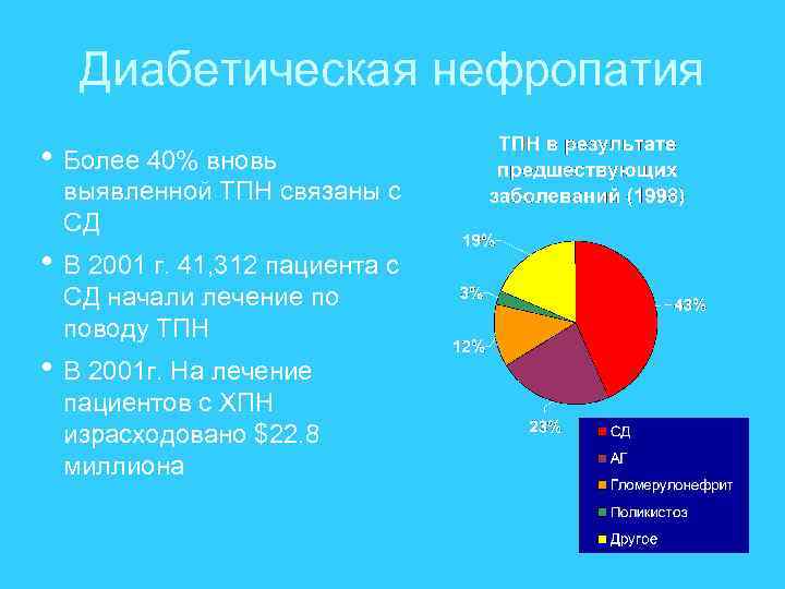 Диабетическая нефропатия h Более 40% вновь выявленной ТПН связаны с СД h В 2001