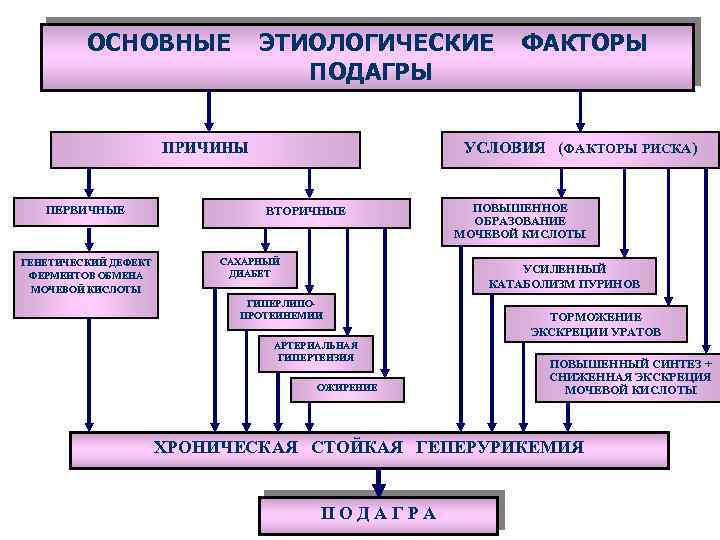 ОСНОВНЫЕ ЭТИОЛОГИЧЕСКИЕ ПОДАГРЫ ПРИЧИНЫ ПЕРВИЧНЫЕ ГЕНЕТИЧЕСКИЙ ДЕФЕКТ ФЕРМЕНТОВ ОБМЕНА МОЧЕВОЙ КИСЛОТЫ ФАКТОРЫ УСЛОВИЯ (ФАКТОРЫ