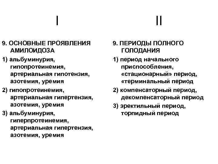 I 9. ОСНОВНЫЕ ПРОЯВЛЕНИЯ АМИЛОИДОЗА 1) альбуминурия, гипопротеинемия, артериальная гипотензия, азотемия, уремия 2) гипопротеинемия,