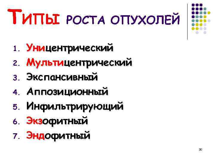 ТИПЫ РОСТА ОПУХОЛЕЙ 1. 2. 3. 4. 5. 6. 7. Уницентрический Мультицентрический Экспансивный Аппозиционный