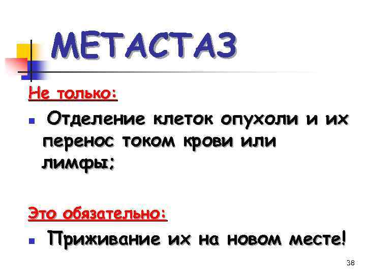 МЕТАСТАЗ Не только: n Отделение клеток опухоли и их перенос током крови или лимфы;