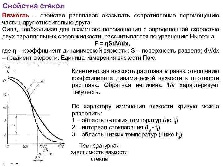 Свойства стекол Вязкость – свойство расплавов оказывать сопротивление перемещению частиц друг относительно друга. Сила,