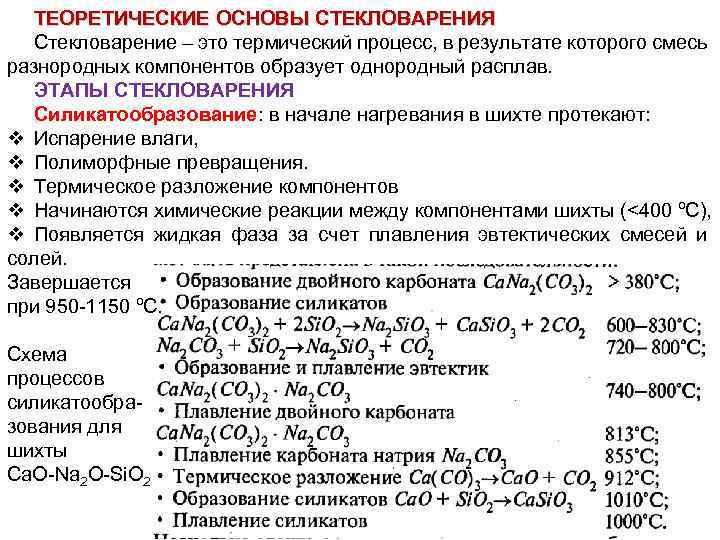 ТЕОРЕТИЧЕСКИЕ ОСНОВЫ СТЕКЛОВАРЕНИЯ Стекловарение – это термический процесс, в результате которого смесь разнородных компонентов