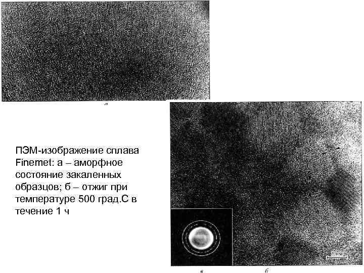 ПЭМ-изображение сплава Finemet: а – аморфное состояние закаленных образцов; б – отжиг при температуре