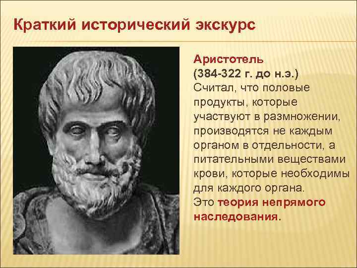 Краткий исторический экскурс Аристотель (384 -322 г. до н. э. ) Считал, что половые