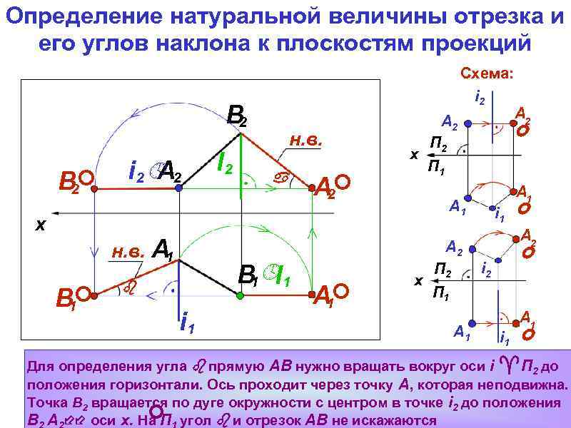 Определение натуральной величины отрезка и его углов наклона к плоскостям проекций Схема: i 2