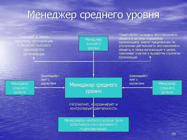 Менеджер среднего уровня Проводит в жизнь политику организации и решения высшего руководства организации Менеджер