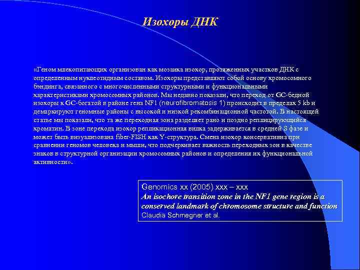 Изохоры ДНК «Геном млекопитающих организован как мозаика изохор, протяженных участков ДНК с определенным нуклеотидным