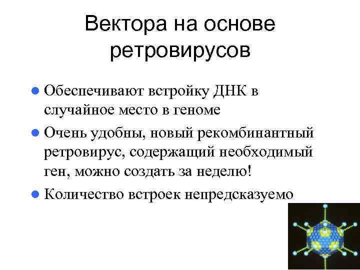 Вектора на основе ретровирусов l Обеспечивают встройку ДНК в случайное место в геноме l