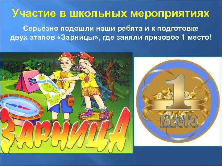 Участие в школьных мероприятиях Серьёзно подошли наши ребята и к подготовке двух этапов «Зарницы»