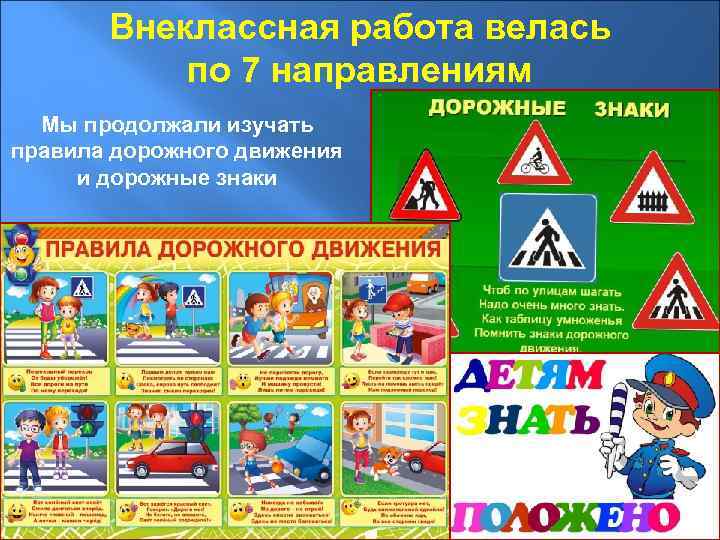 Внеклассная работа велась по 7 направлениям Мы продолжали изучать правила дорожного движения и дорожные