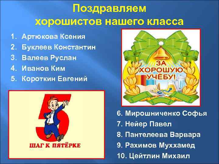 Поздравляем хорошистов нашего класса 1. 2. 3. 4. 5. Артюкова Ксения Буклеев Константин Валеев