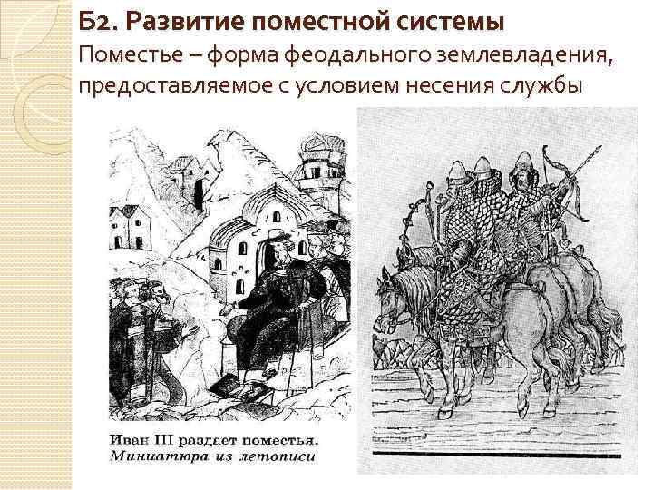 Б 2. Развитие поместной системы Поместье – форма феодального землевладения, предоставляемое с условием несения