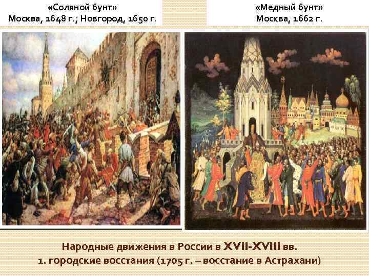  «Соляной бунт» Москва, 1648 г. ; Новгород, 1650 г. «Медный бунт» Москва, 1662