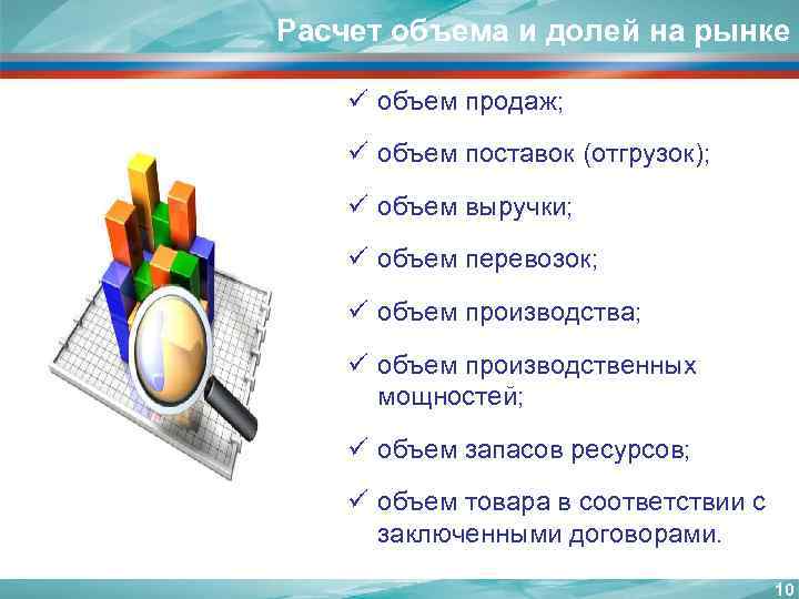 Расчет объема и долей на рынке ü объем продаж; ü объем поставок (отгрузок); ü