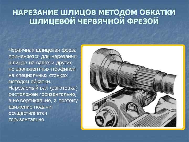 НАРЕЗАНИЕ ШЛИЦОВ МЕТОДОМ ОБКАТКИ ШЛИЦЕВОЙ ЧЕРВЯЧНОЙ ФРЕЗОЙ Червячная шлицевая фреза применяется для нарезания шлицов