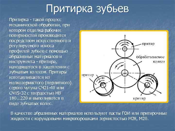 Притирка зубьев Притирка - такой процесс механической обработки, при котором отделка рабочих поверхностей производится