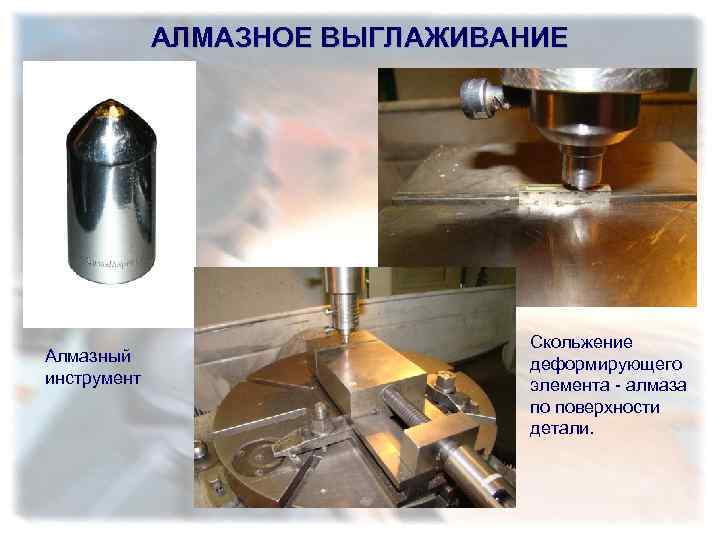 АЛМАЗНОЕ ВЫГЛАЖИВАНИЕ Алмазный инструмент Скольжение деформирующего элемента - алмаза по поверхности детали. 