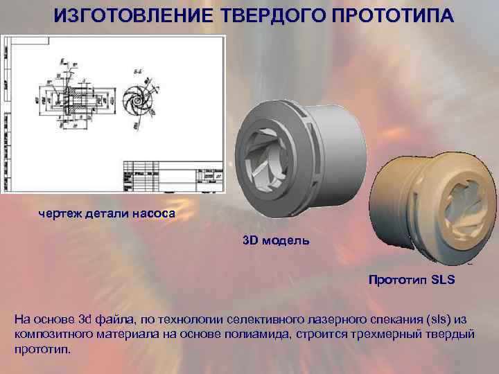 ИЗГОТОВЛЕНИЕ ТВЕРДОГО ПРОТОТИПА чертеж детали насоса 3 D модель Прототип SLS На основе 3