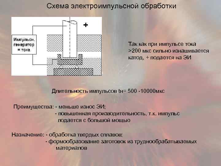 Схема электроимпульсной обработки + Так как при импульсе тока >200 мкс сильно изнашивается катод,