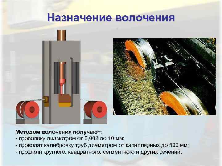 Назначение волочения Методом волочения получают: - проволоку диаметром от 0, 002 до 10 мм;