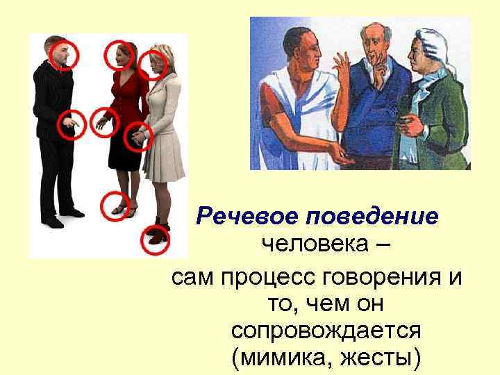 Речевое поведение человека – сам процесс говорения и то, чем он сопровождается (мимика, жесты)