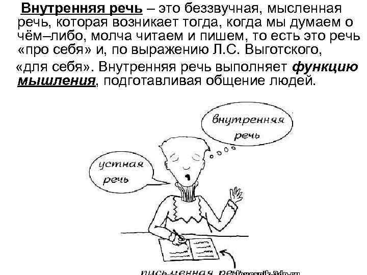 Внутренняя речь – это беззвучная, мысленная речь, которая возникает тогда, когда мы думаем о