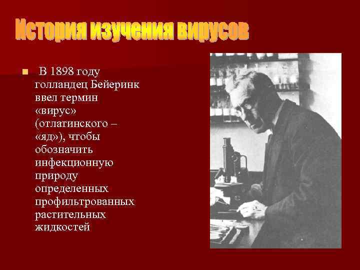 n В 1898 году голландец Бейеринк ввел термин «вирус» (отлатинского – «яд» ), чтобы