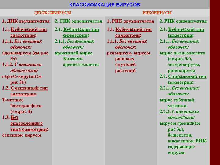 КЛАССИФИКАЦИЯ ВИРУСОВ ДЕЗОКСИВИРУСЫ РИБОВИРУСЫ 1. ДНК двухнитчатая 2. ДНК однонитчатая 1. РНК двухнитчатая 2.