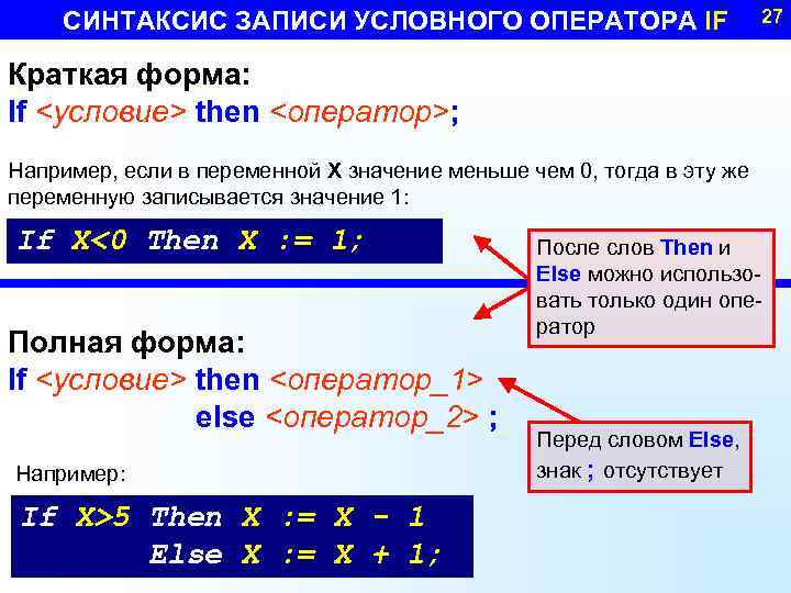 СИНТАКСИС ЗАПИСИ УСЛОВНОГО ОПЕРАТОРА IF 27 Краткая форма: If <условие> then <оператор>; Например, если