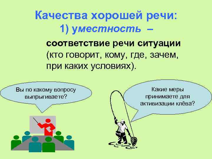 Качества хорошей речи: 1) уместность – соответствие речи ситуации (кто говорит, кому, где, зачем,