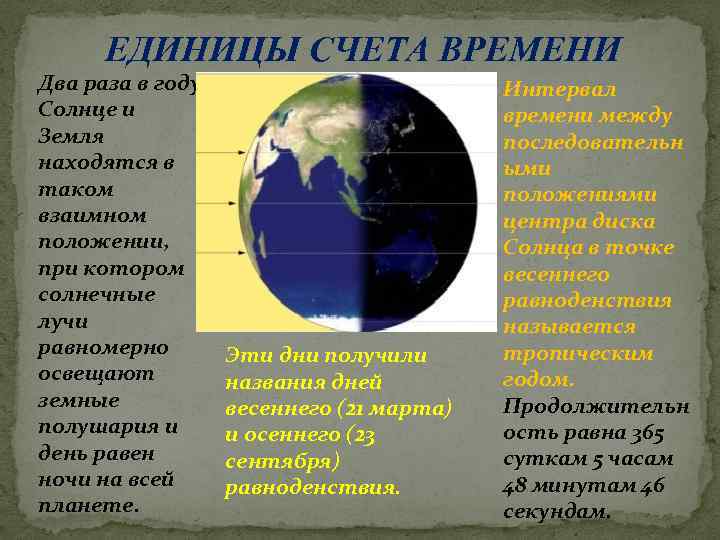 ЕДИНИЦЫ СЧЕТА ВРЕМЕНИ Два раза в году Солнце и Земля находятся в таком взаимном