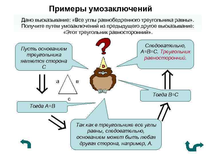 Примеры умозаключений Дано высказывание: «Все углы равнобедренного треугольника равны» . Получите путем умозаключений из