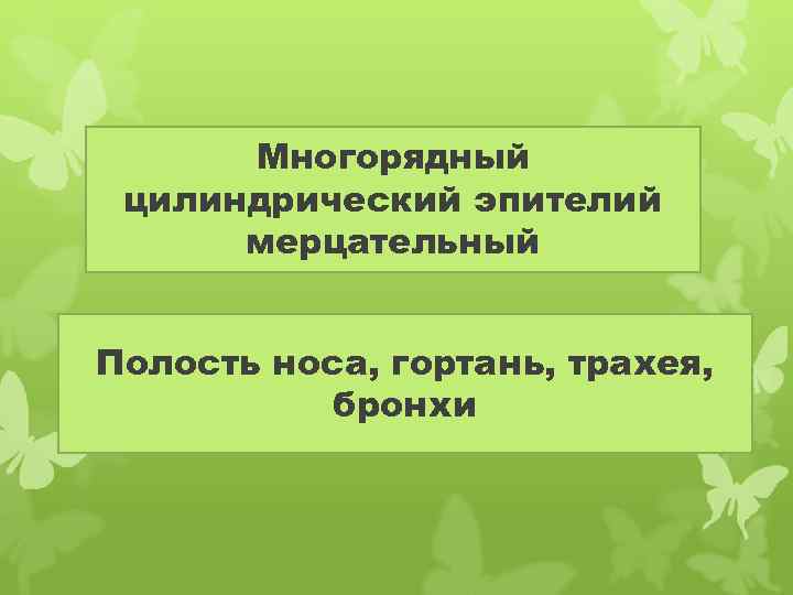 Многорядный цилиндрический эпителий мерцательный Полость носа, гортань, трахея, бронхи 