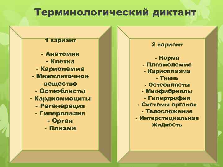 Терминологический диктант 1 вариант - Анатомия - Клетка - Кариолемма - Межклеточное вещество -