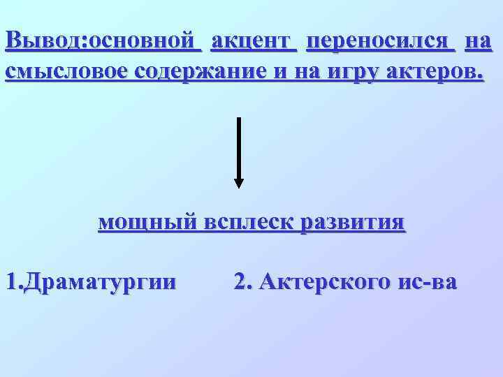 Вывод: основной акцент переносился на смысловое содержание и на игру актеров. мощный всплеск развития
