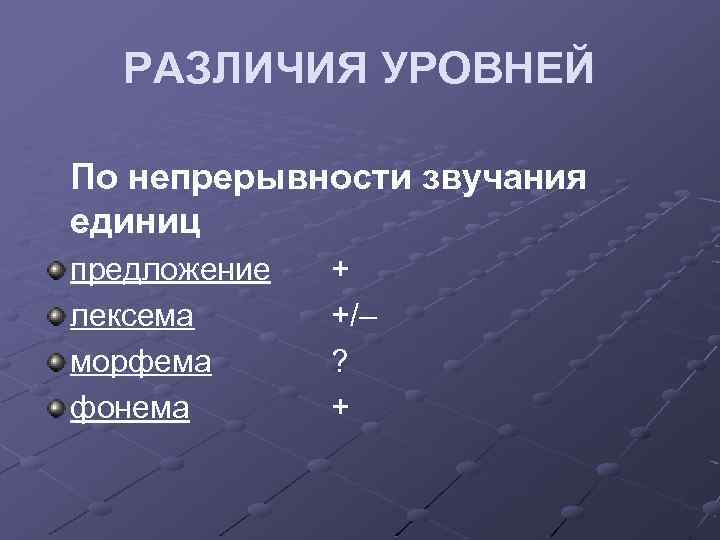 РАЗЛИЧИЯ УРОВНЕЙ По непрерывности звучания единиц предложение лексема морфема фонема + +/– ? +