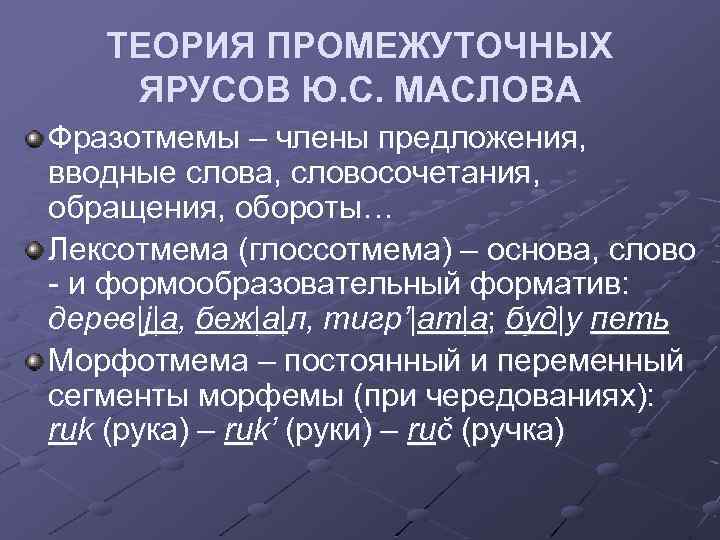ТЕОРИЯ ПРОМЕЖУТОЧНЫХ ЯРУСОВ Ю. С. МАСЛОВА Фразотмемы – члены предложения, вводные слова, словосочетания, обращения,