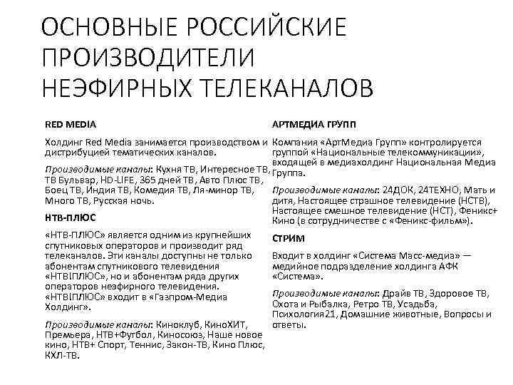 ОСНОВНЫЕ РОССИЙСКИЕ ПРОИЗВОДИТЕЛИ НЕЭФИРНЫХ ТЕЛЕКАНАЛОВ RED MEDIA АРТМЕДИА ГРУПП Холдинг Red Media занимается производством