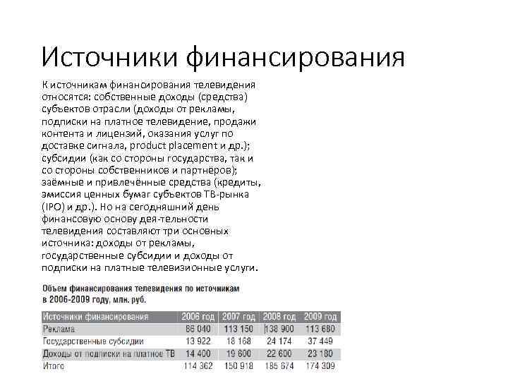 Источники финансирования К источникам финансирования телевидения относятся: собственные доходы (средства) субъектов отрасли (доходы от