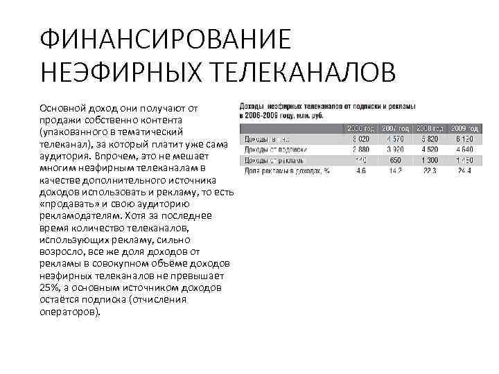 ФИНАНСИРОВАНИЕ НЕЭФИРНЫХ ТЕЛЕКАНАЛОВ Основной доход они получают от продажи собственно контента (упакованного в тематический