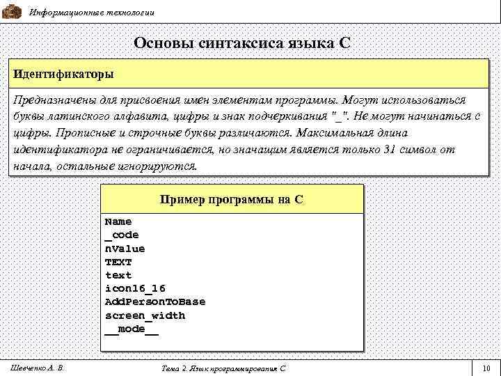 Информационные технологии Основы синтаксиса языка С Идентификаторы Предназначены для присвоения имен элементам программы. Могут