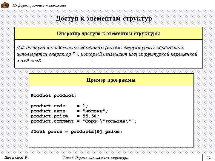 Информационные технологии Доступ к элементам структур Оператор доступа к элементам структуры Для доступа к